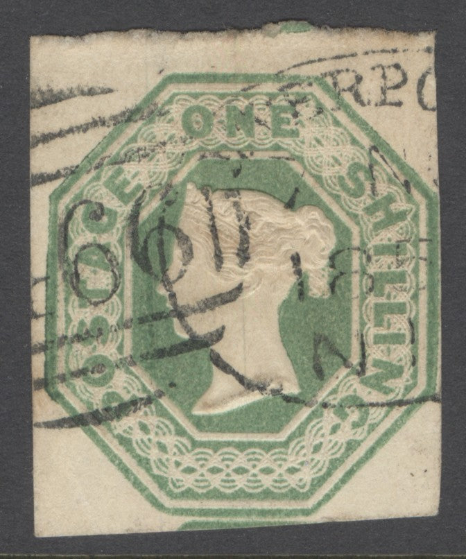 SG 54 1/- pale green. Very fine used with a Liverpool spoon cancel. 4 close to large margins