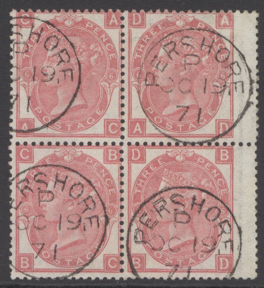 SG 103 3d rose plate 6 block of 4. Very fine used with upright Pershore, Oct 19th 1871 CDS’s