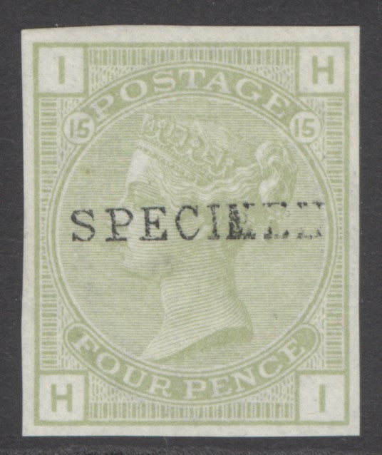 (SG 152) 4d light sage-green imperf colour trial plate 15 lettered HI, overprinted specimen. Lightly mounted mint. 4 fine margins CAT £450