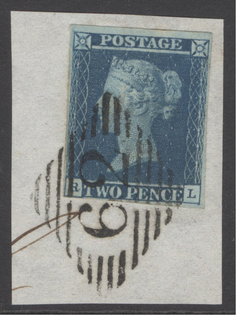 SG 14 1841 2d blue plate 3 lettered RL. Very fine used on small piece cancelled with a ‘62’ Irish diamond (Belfast). Full margins