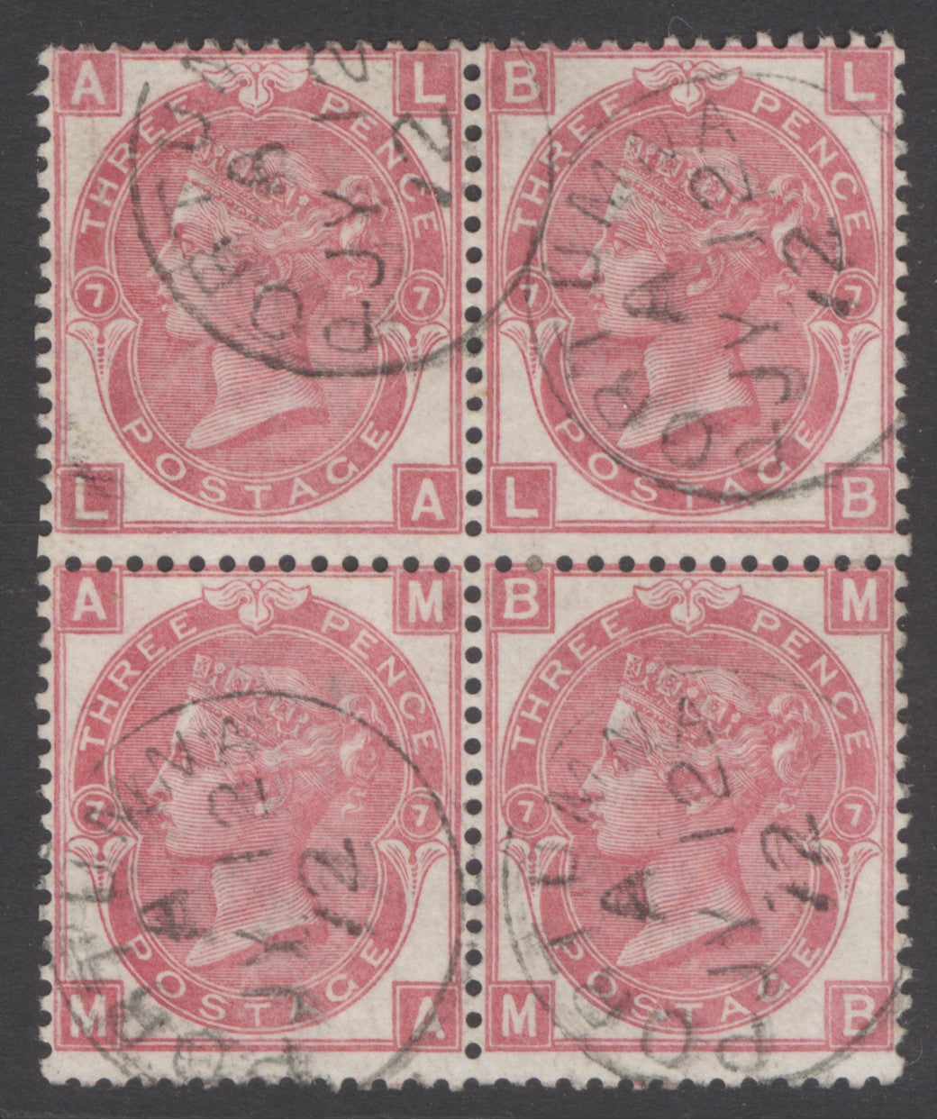 SG 103 3d rose-red plate 7 block of 4. Very fine used with Portumma, Irish CDS’s, 12th July 1872