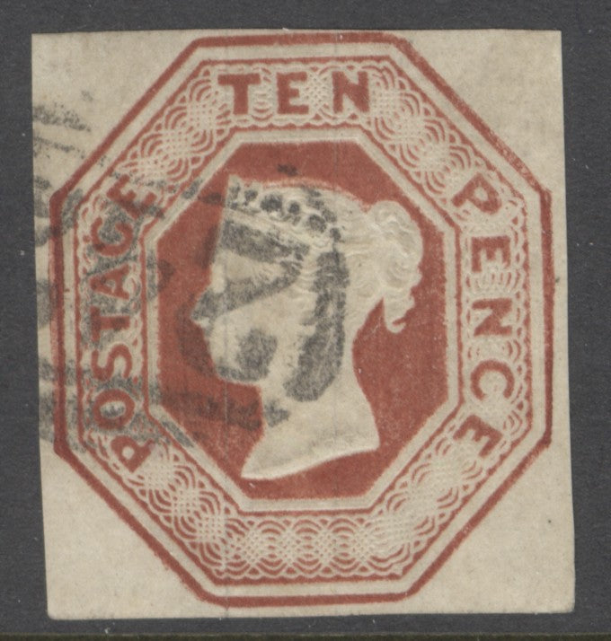 SG 57 10d brown. Very fine used. 4 close/fine margins CAT £1200