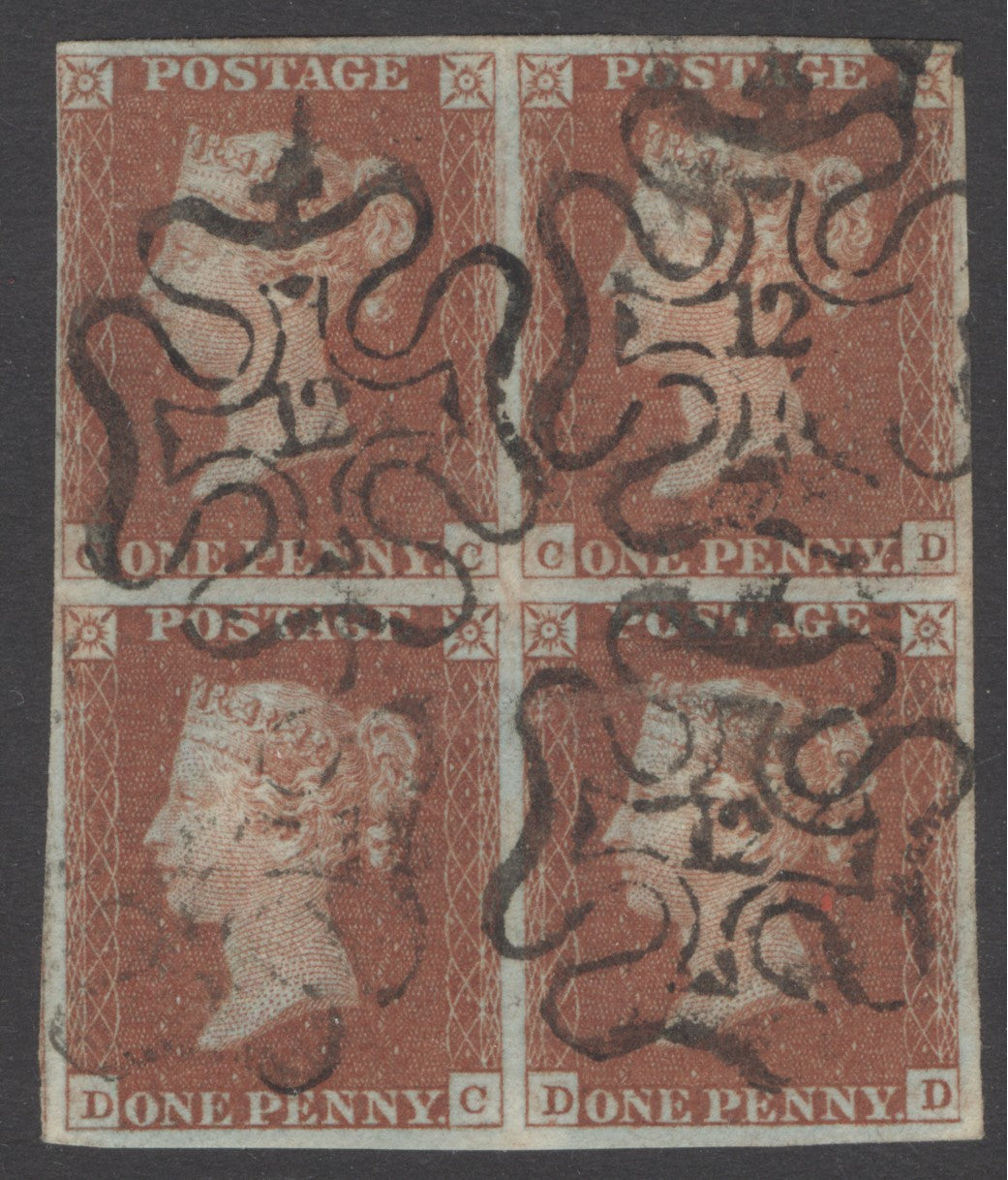 SG 8m 1d red-brown block of 4. Very fine used with a number ‘12’ in Maltese crosses. Full close to large margins...