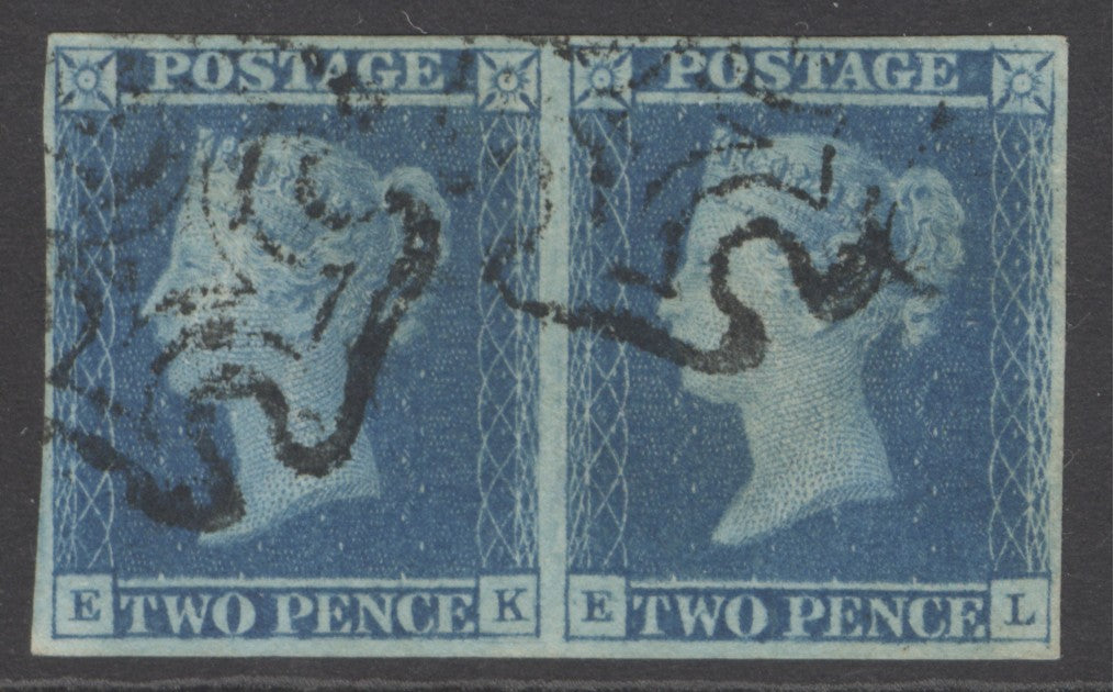 SG 14 1841 2d blue plate 3 pair lettered EK-EL. Very fine used with Maltese cross cancels. Full-fine margins CAT £550