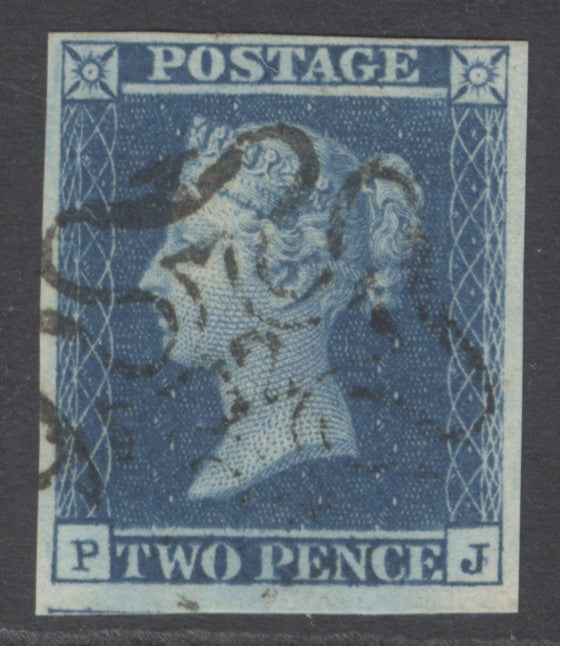 SG 14f 1841 2d blue plate 3 lettered PJ. Very fine used with a number ‘12’ in Maltese cross. 4 good to huge margins CAT £350
