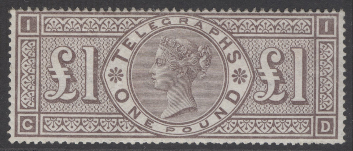 SG T17. 1887 telegraph £1 brown-lilac. A fine very lightly mounted mint example with good colour & centring. Very scarce CAT £6500