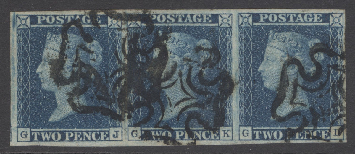 SG 14 1841 2d blue strip of 3 plate 3 lettered GJ-GL. Fine used with Maltese cross cancels. Full good to large margins CAT £825