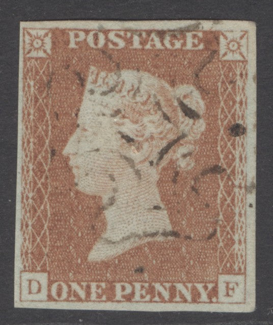SG 8 1d red-brown plate 22 lettered DF. Very fine used with an upright brown Maltese cross. 4 fine margins