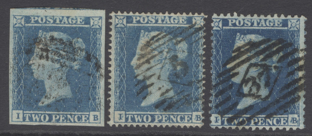 SG 14, 19 & 23. 1841-55. 2d blues imperf/perf matched trio lettered IB. plate 4 watermark small crown. Very fine used CAT £355