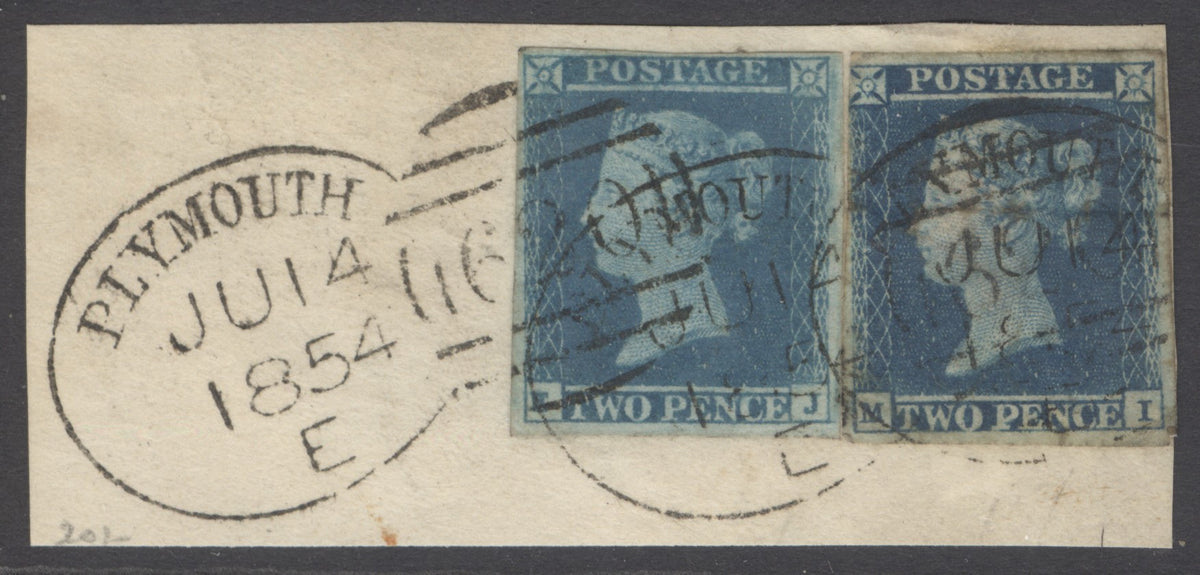 SG 14/15 1841 2d blue EJ & 2d deep full blue MI plate 4. Good to fine used on small piece with Plymouth June 14th 1854 spoon cancels...