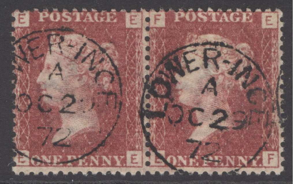 SG 44 1d lake-red plate 144. Superb used pair cancelled with Lower Ince upright CDS’s, Oct 29th 1872