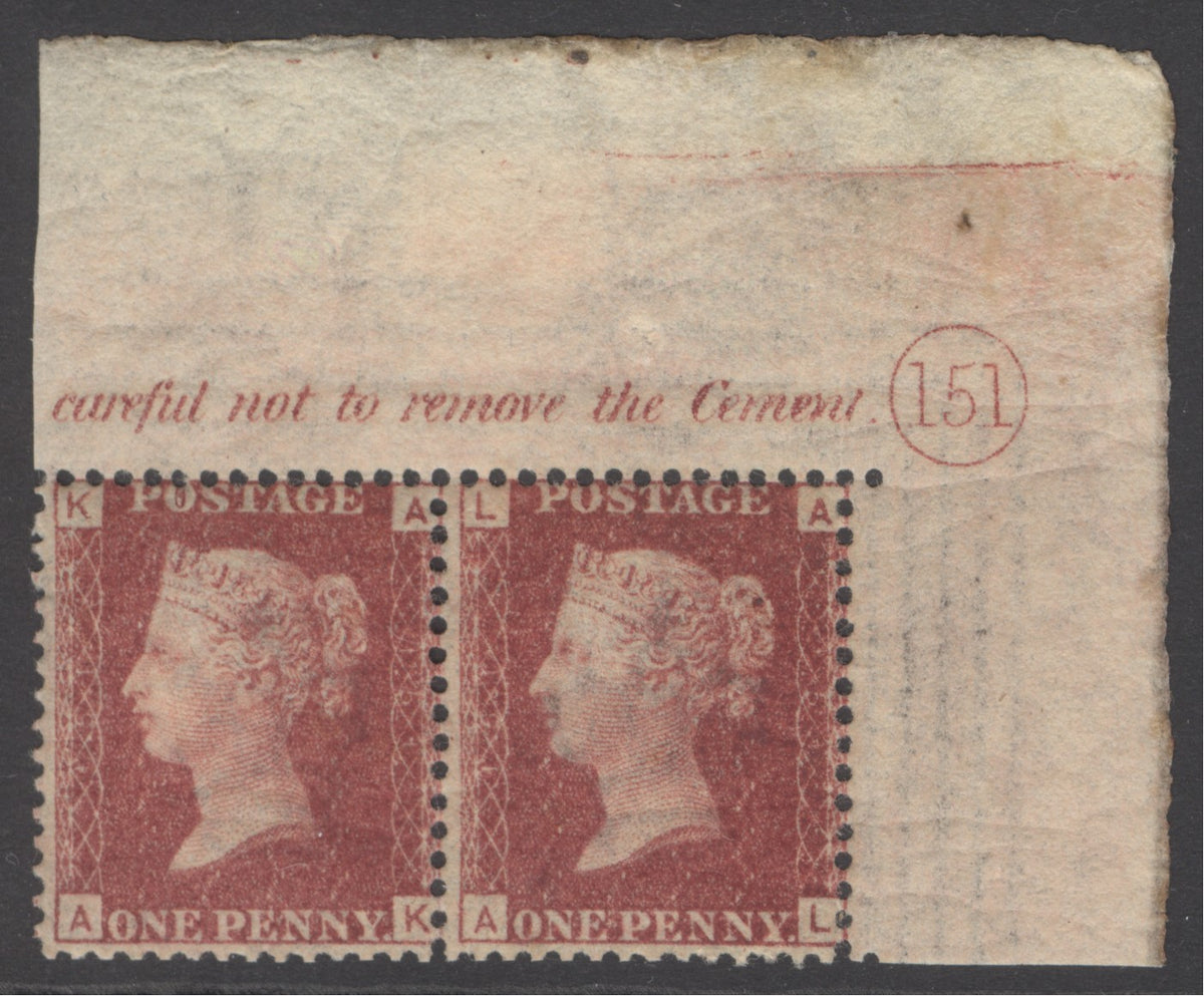 SG 43 1d rose-red top right marginal pair plate 151, showing inscription & plate number, hinged in margin, stamps unmounted mint