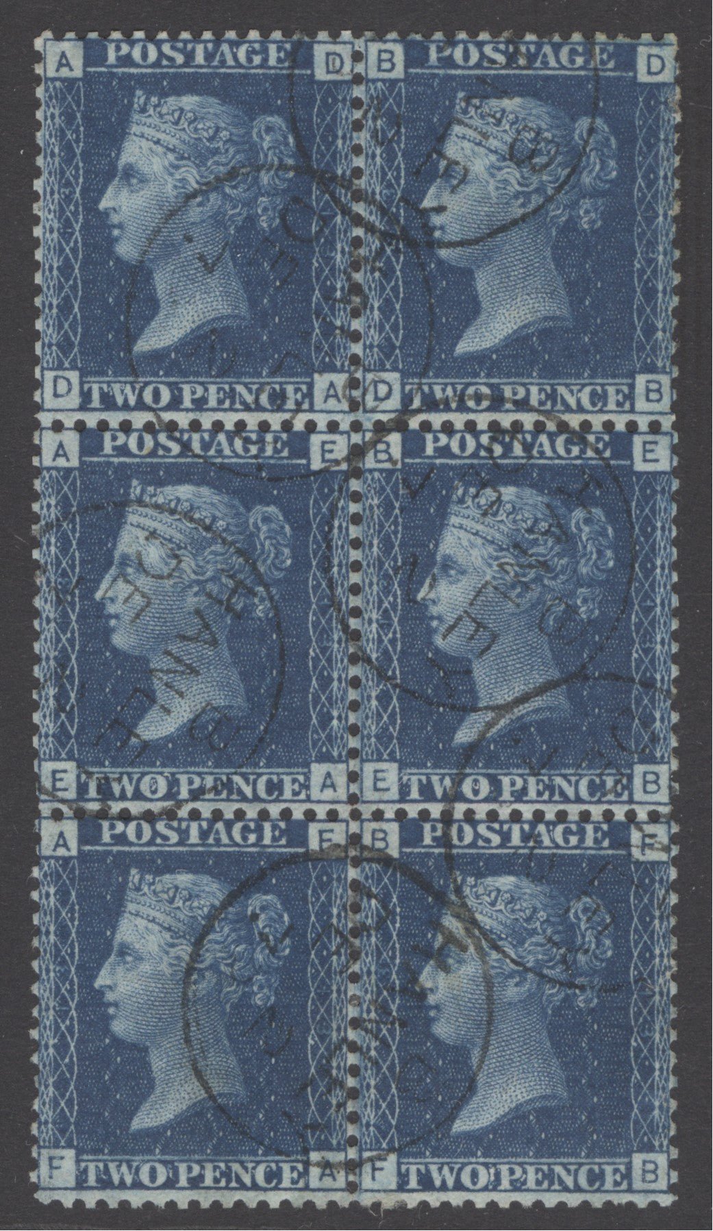SG 45 2d blue plate 13 block of 6. Very fine used with Hanley CDS’s, Dec 2nd 1873