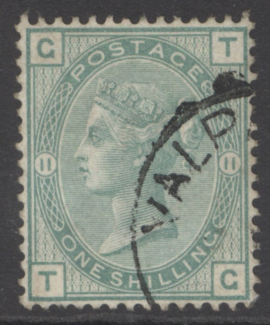 SG 150 1/- green plate 11. Very fine used with a part Valparaiso CDS, leaves Queens profile clear