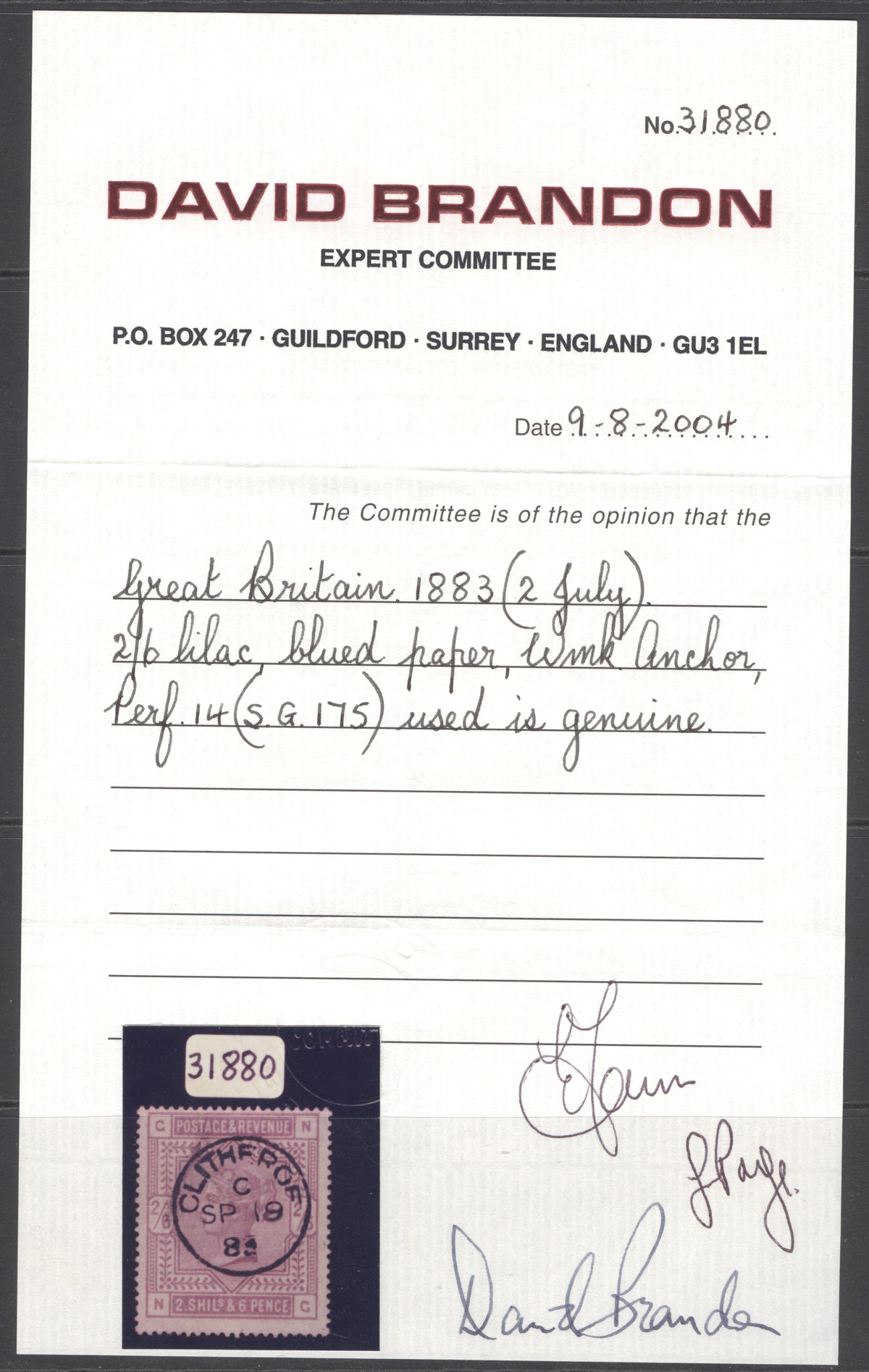 SG 175 2/6 lilac on blued paper. Very fine used with an upright Clitheroe, Sept 19th 1883 CDS CAT £1200. David Brandon cert