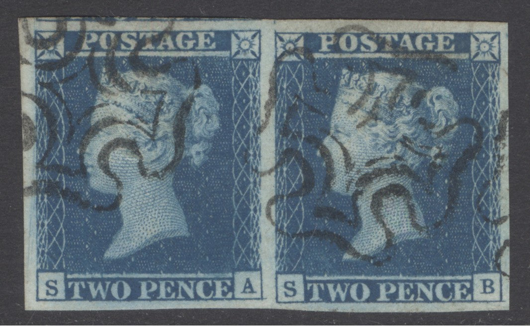 SG 14 1841 2d blue plate 3 pair lettered SA-SB. Very fine used with Maltese cross cancels. 4 fine/large margins