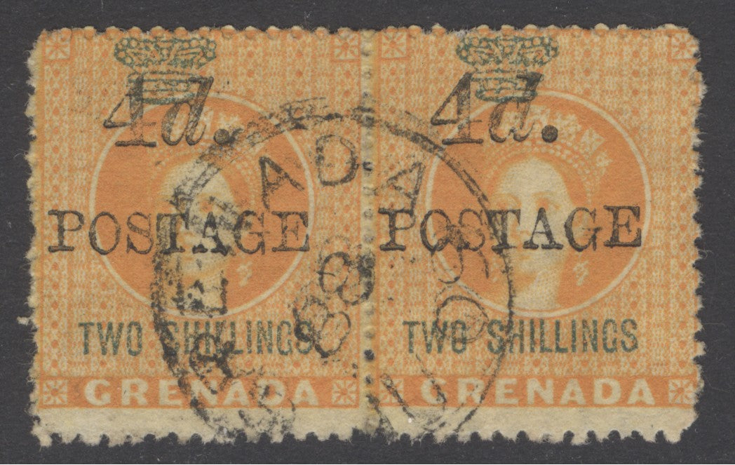 SG 41 Grenada 1888. 4d on 2/- orange pair. Very fine used CAT £60