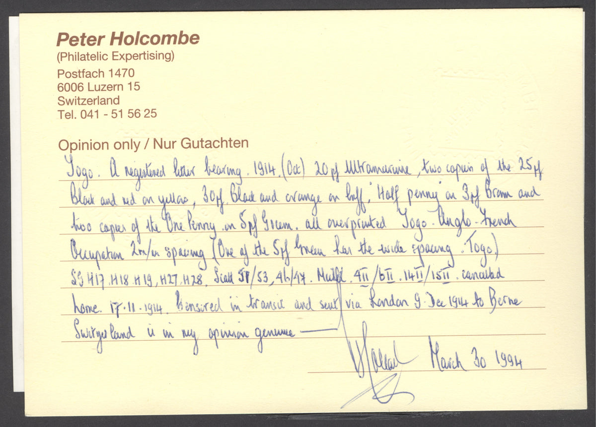 Togo 1914 Registered letter to Switzerland. SG H17,H18,H19,H27&H28. Very fine used. Peter Holcombe cert