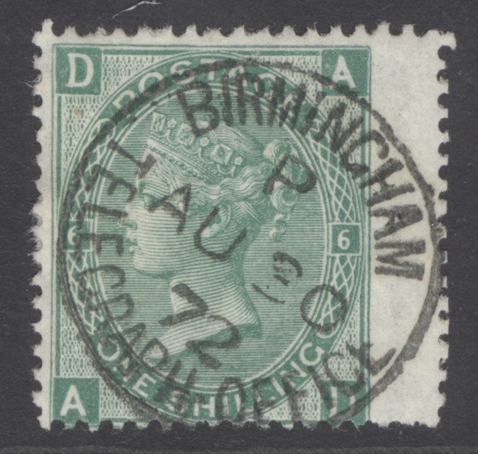 SG 115 1/- deep green plate 6 lettered AD. Very fine used with a Birmingham, Aug 30th 1872 CDS