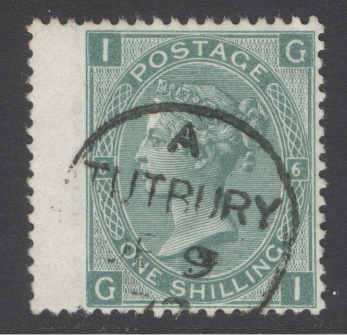 SG 115 1/- deep green plate 6 lettered GI. Very fine used with a Tutbury CDS