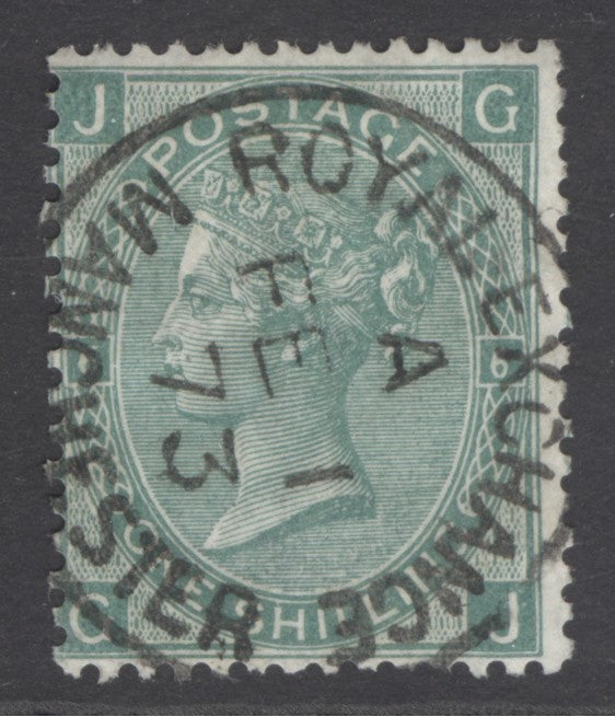 SG 115 1/- deep green plate 6 lettered GJ. Very fine used with a Manchester Royal exchange, Feb 1st 1873 CDS