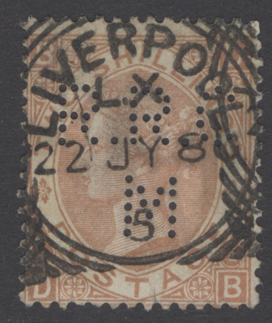 SG 121 2/- brown. Fine used perfin (RRCM) example with an upright Liverpool 'box' CDS, 22 July 1880