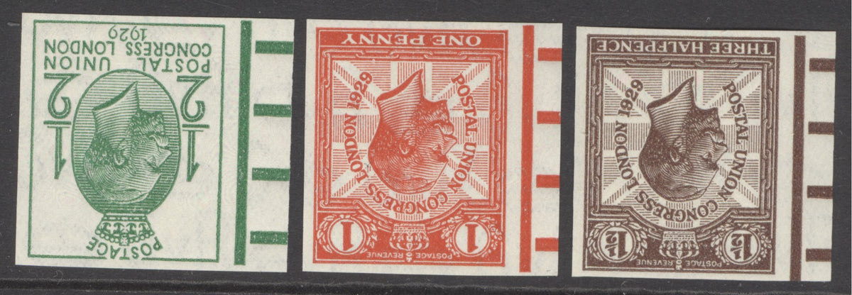 Great Britain 1929 King George V imprimaturs. SG 434wi-436wi watermark inverted set of 3. Each with ‘BPMA’ hand stamp on reverse. Pristine unmounted mint. Rare