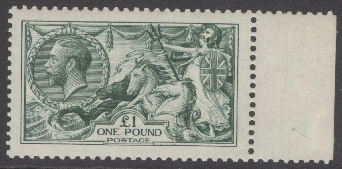 SG 404 £1 dull blue-green. A fine fresh unmounted mint marginal example. Good deep colour & well centred. David Brandon cert when in a block of 4