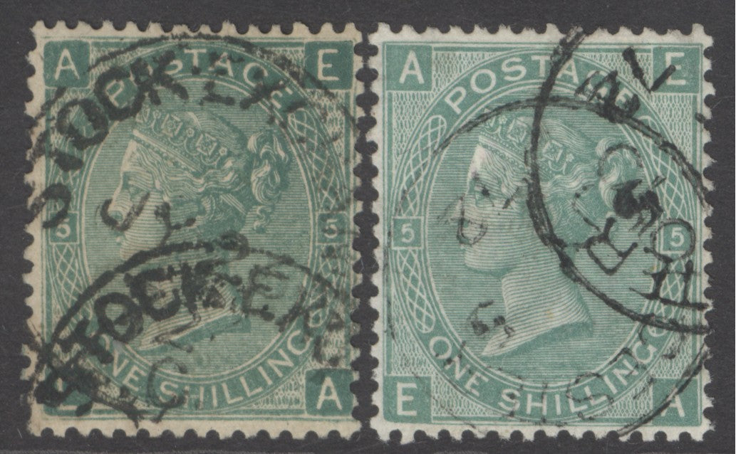 (SG 117) 1872 stock exchange forgery 1/- green plate 5 lettered EA with normal. Both in fine condition