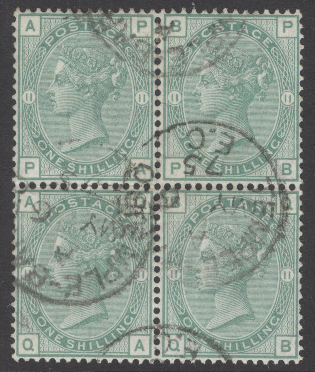SG 150 1/- green plate 11. Scarce block of 4. Very fine used with Temple bar, May 6th 1875 CDS’s