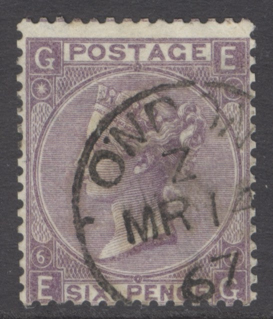 SG 96 6d deep lilac plate 6. Very fine used with a London, March 14th 1874 CDS