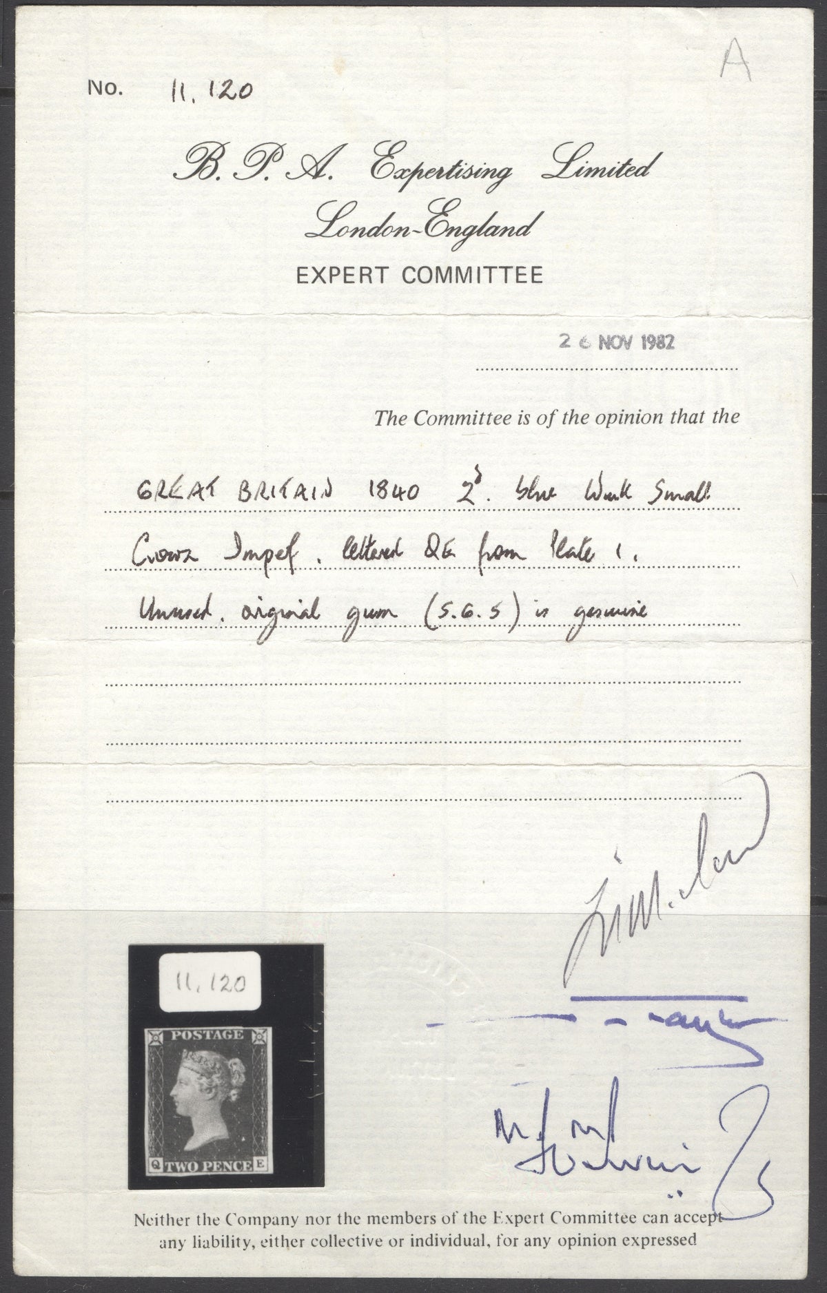 SG 5 1840 2d blue plate 1 lettered QE. Fine mounted mint. 4 margins. A lovely fresh example CAT £30,000. BPA cert