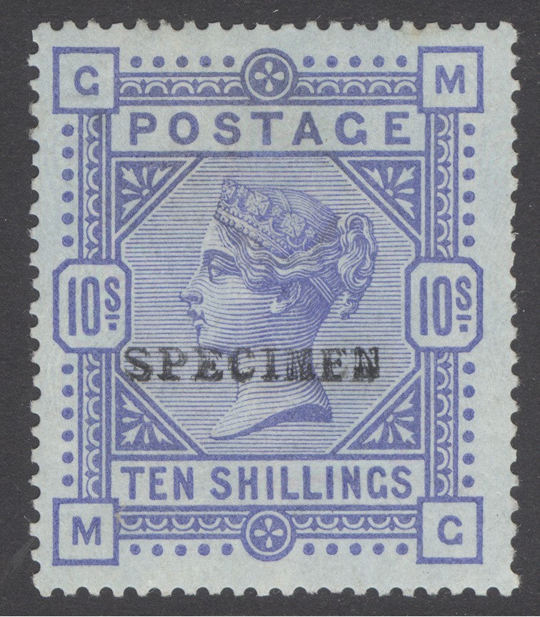 SG 177a 1883-84 10/- cobalt on blued paper, overprinted specimen. A fine fresh very lightly mounted mint example (barely a trace of hinging) CAT £5500
