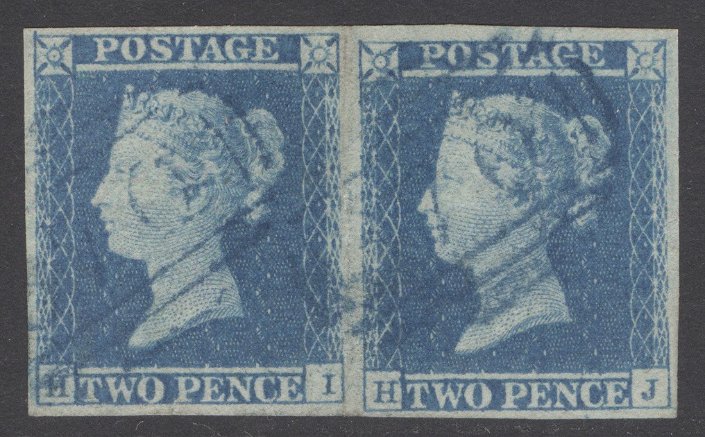 SG 14 1841 2d blue plate 4 lettered HI-HJ pair cancelled with lightly placed numerals in blue. Full margins. Scarce in this quality CAT £1750+
