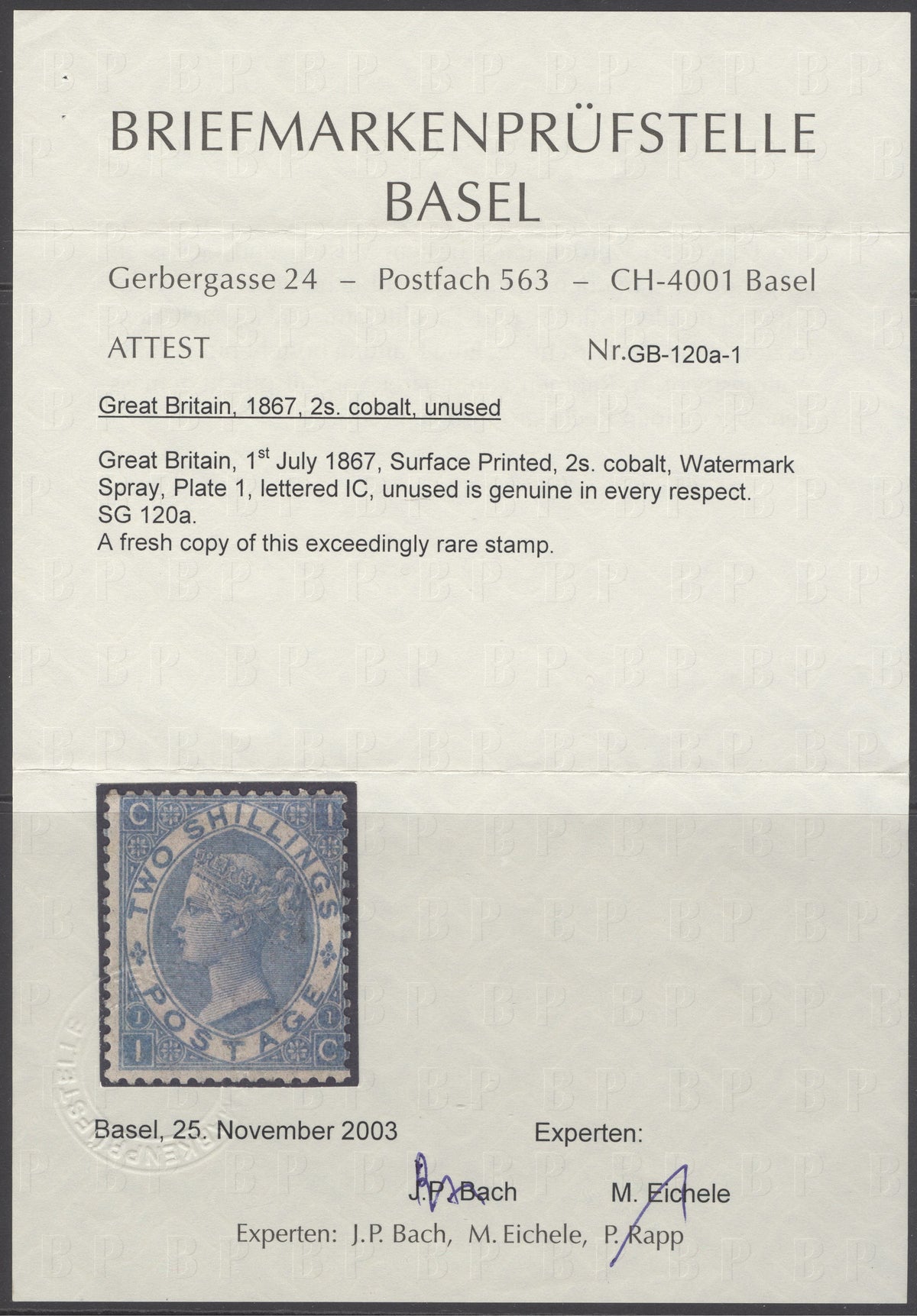 SG 120a 2/- cobalt. A fine fresh very lightly mounted mint example of this rare stamp CAT £30,000. Basel cert