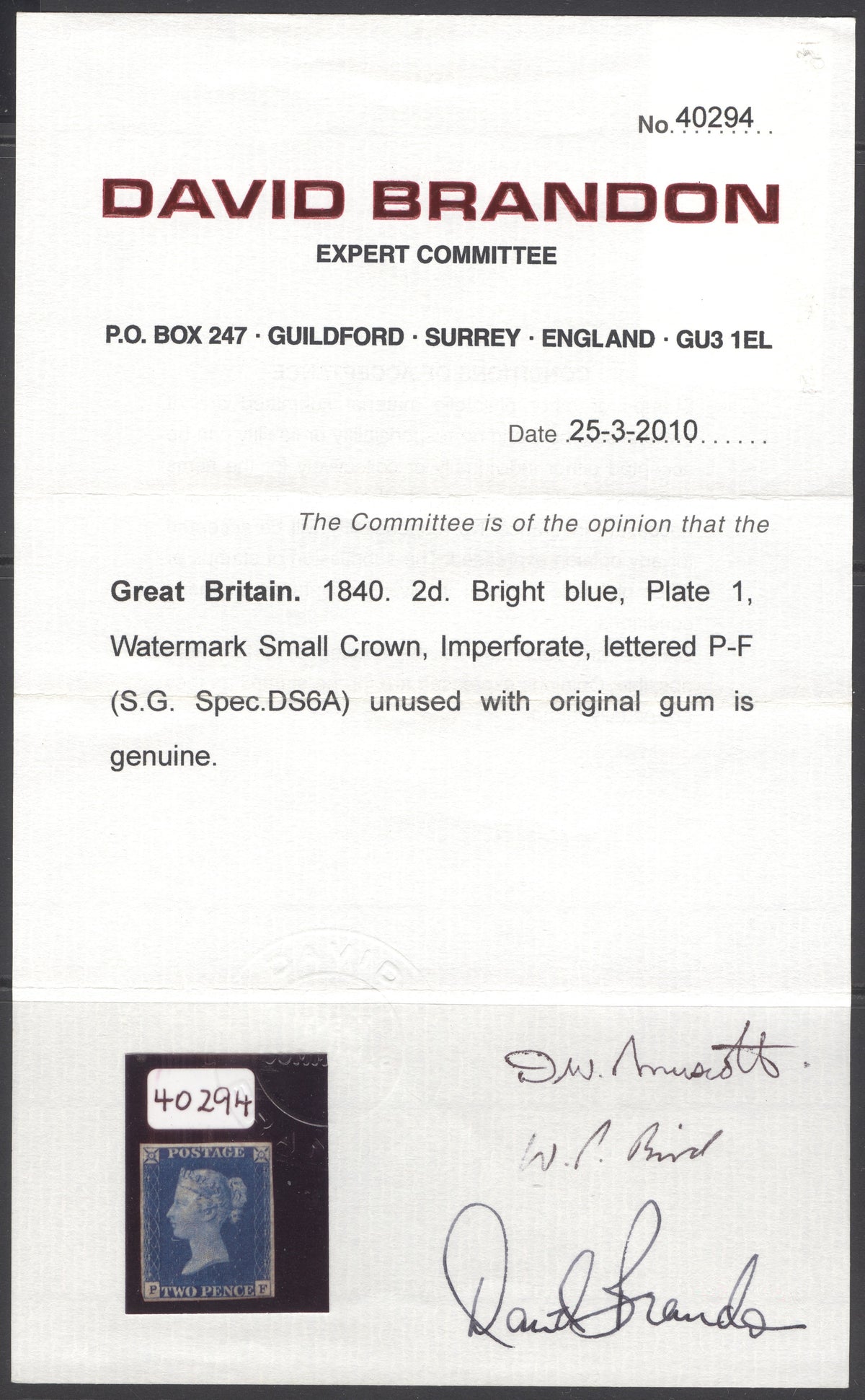 SG 5 1840 2d bright blue plate 1 lettered PF. A fine fresh mint example. 4 margins. Seldom seen in this quality (Spec DS6a) CAT £45,000. David Brandon cert