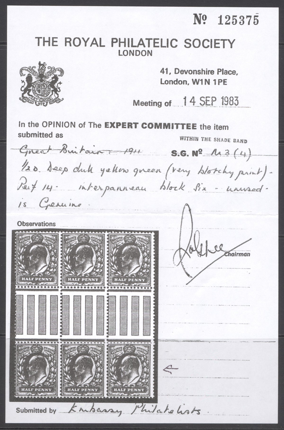 SG 269 ½d deep dull yellow (blotchy) Spec M3(4). Fine unmounted mint. RPS cert when in a block of 6