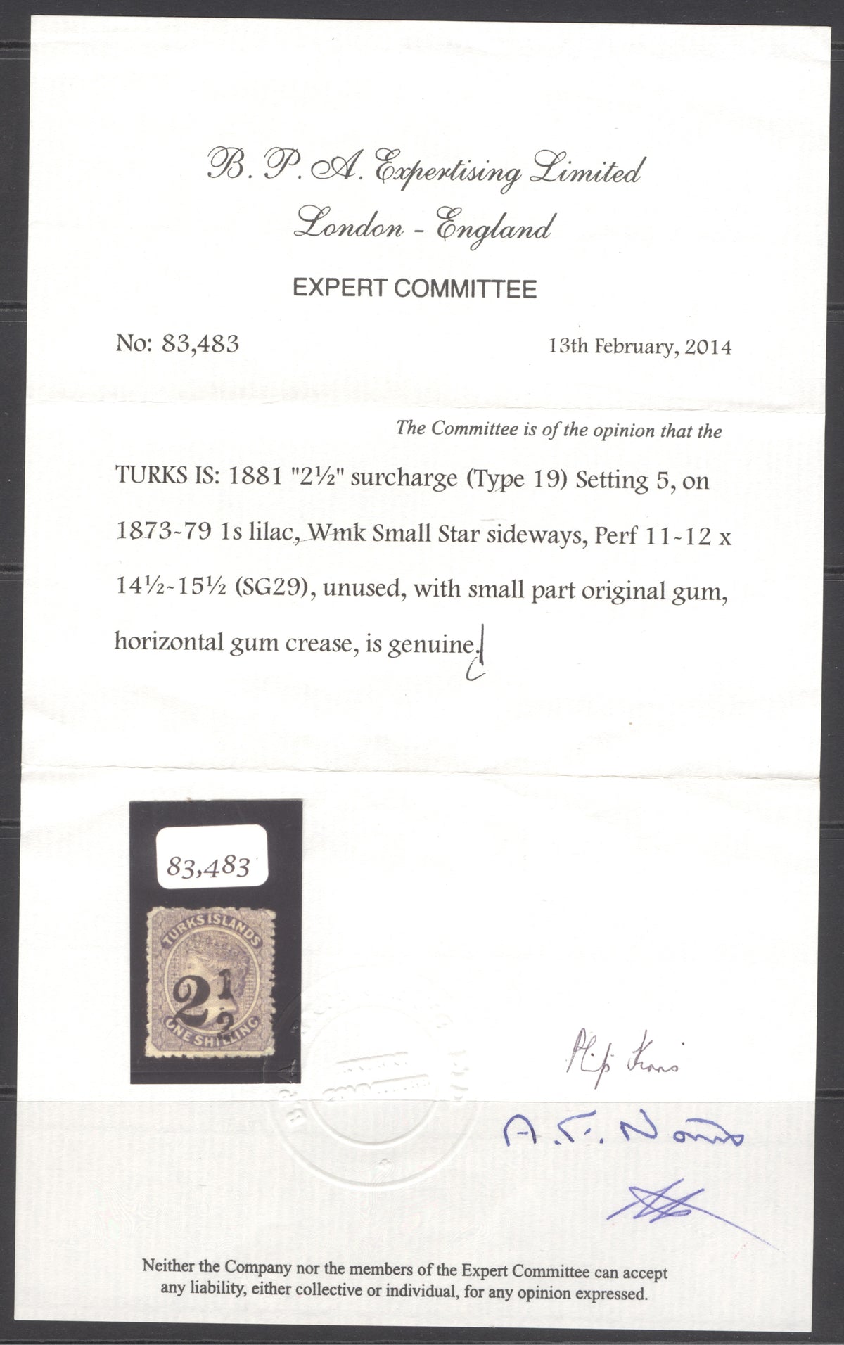 SG 29 Turks Islands 1881. 2½d on 1/- lilac. Mounted mint, part original gum, horizontal gum crease CAT £650. BPA cert