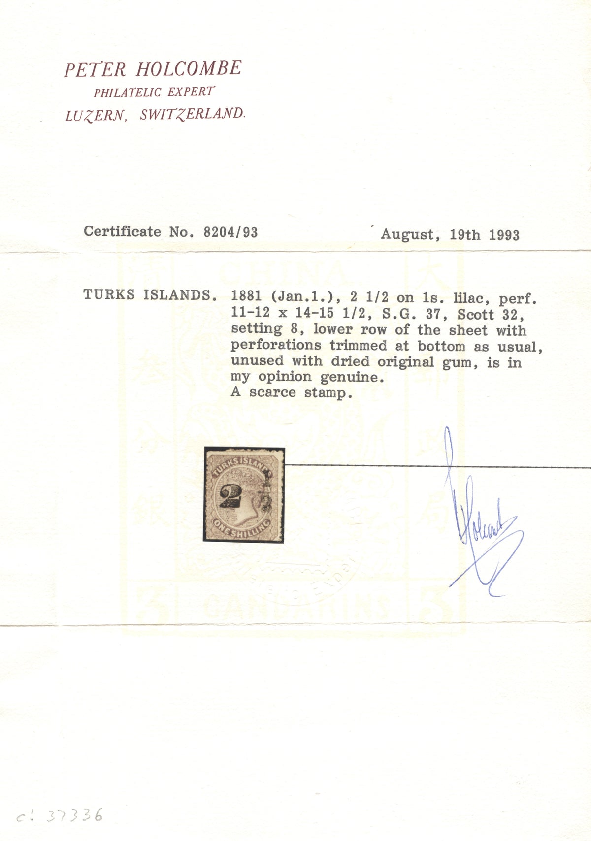 SG 37 Turks Islands 1881. 2½d on 1/- lilac. A fine mounted mint example CAT £1200. Peter Holcome cert
