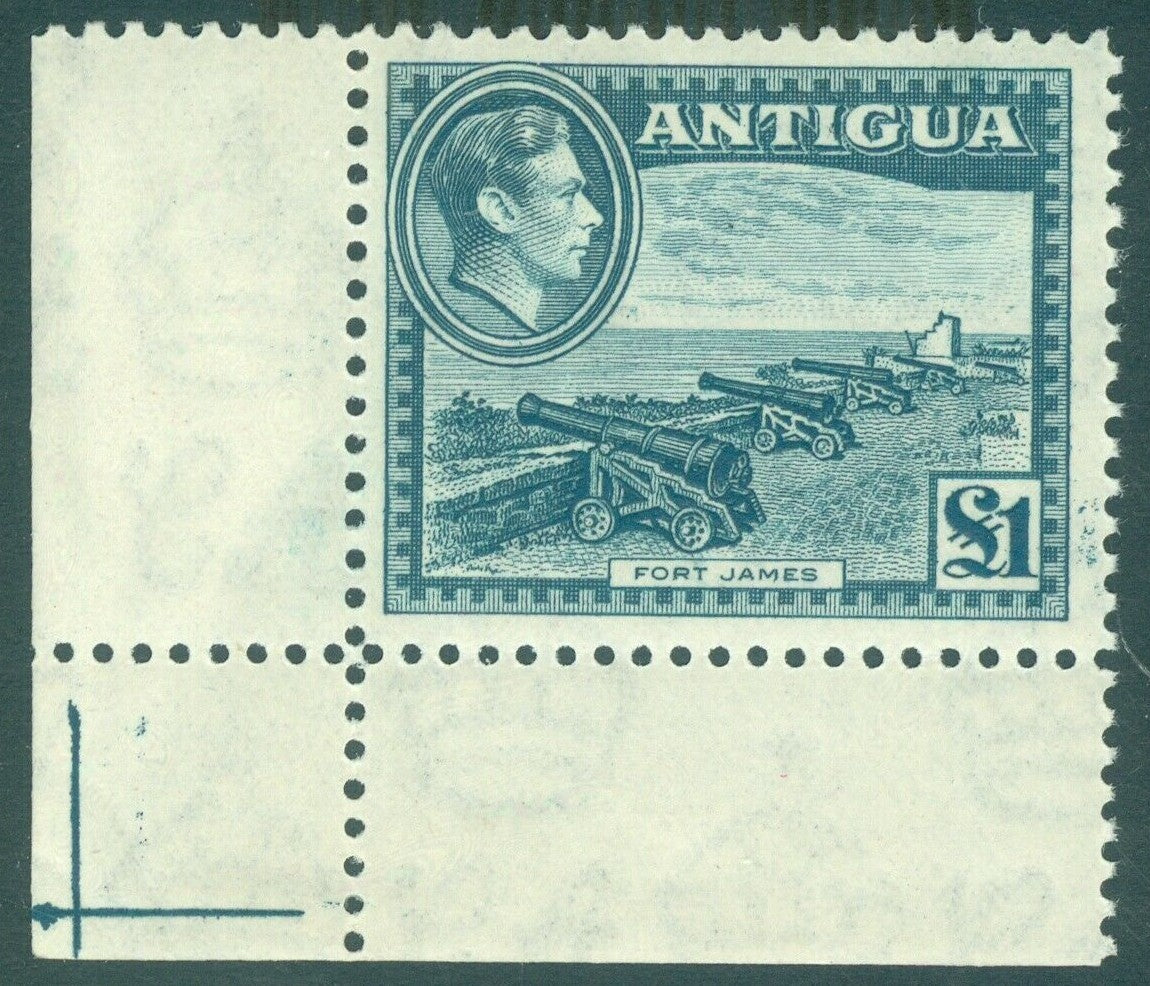 SG 109 Antigua 1938. £1 slate-grey corner marginal example. Stamp unmounted mint (lightly hinged in margin)