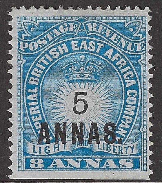 SG 27 British East Africa 1894. 5a on 8a Blue. A fine fresh mounted mint example.CAT £80
