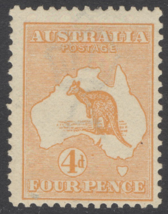 SG 6 Australia 1913-14. 4d orange, watermark 2, die 2, perf 12. Very lightly mounted mint CAT £120