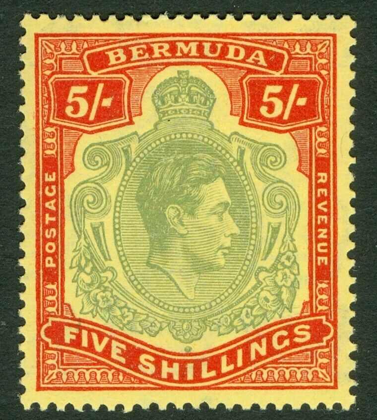 SG 118d Bermuda 1938. 5/- pale bluish-green & carmine red. Fine unmounted mint CAT £110