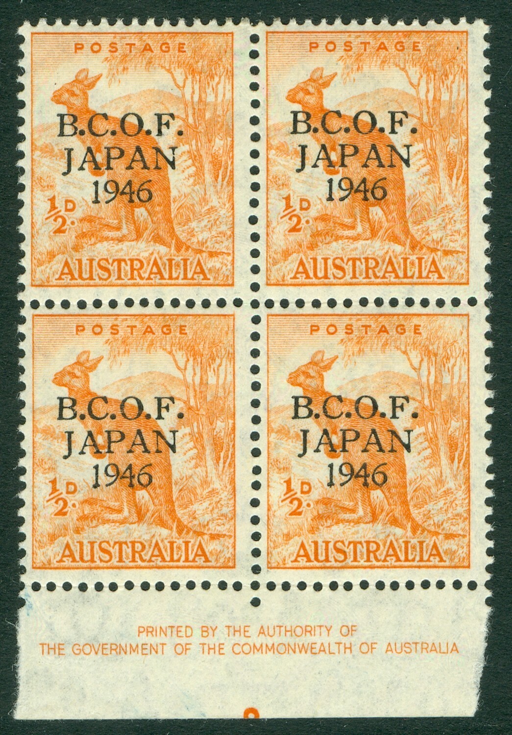 SG J1 B.C.O.F. 1946-47. ½d orange marginal block of 4. Fine fresh mint, lower 2 stamps being unmounted CAT £36