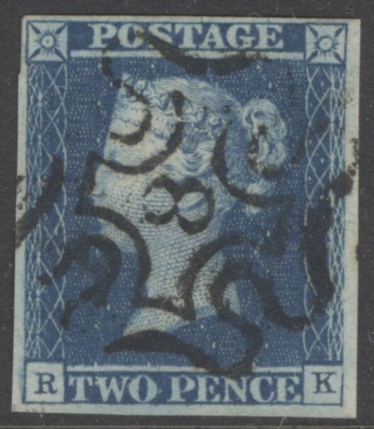SG 14f 1841 2d blue plate 3 lettered RK. Very fine used with a number ‘8’ in Maltese cross. 4 margins