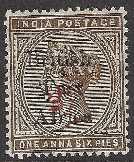 SG 64 British East Africa 1895. 2 1/2 on 1 1/2 Sepia. A fine fresh mounted mint example. CAT £120.