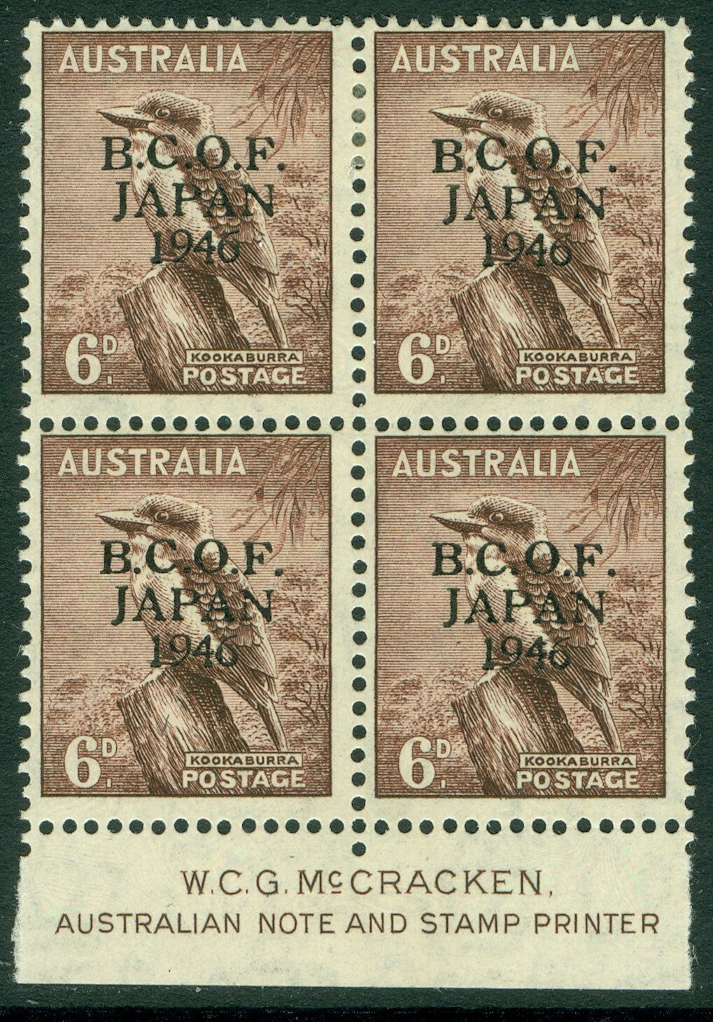 SG J4 B.C.O.F. 1946-47. 6d purple-brown marginal block of 4. Fine mint, lower stamps being unmounted CAT £76
