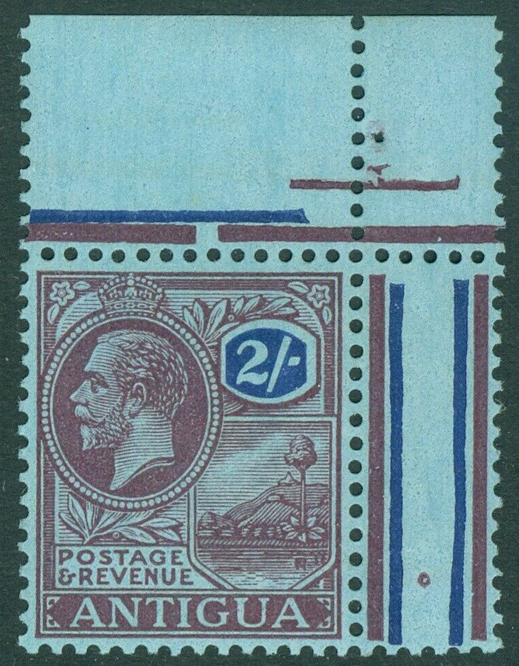 SG 77 Antigua 1921-24. 2/- purple & blue/blue. Unmounted mint corner marginal example (hinged in margin)
