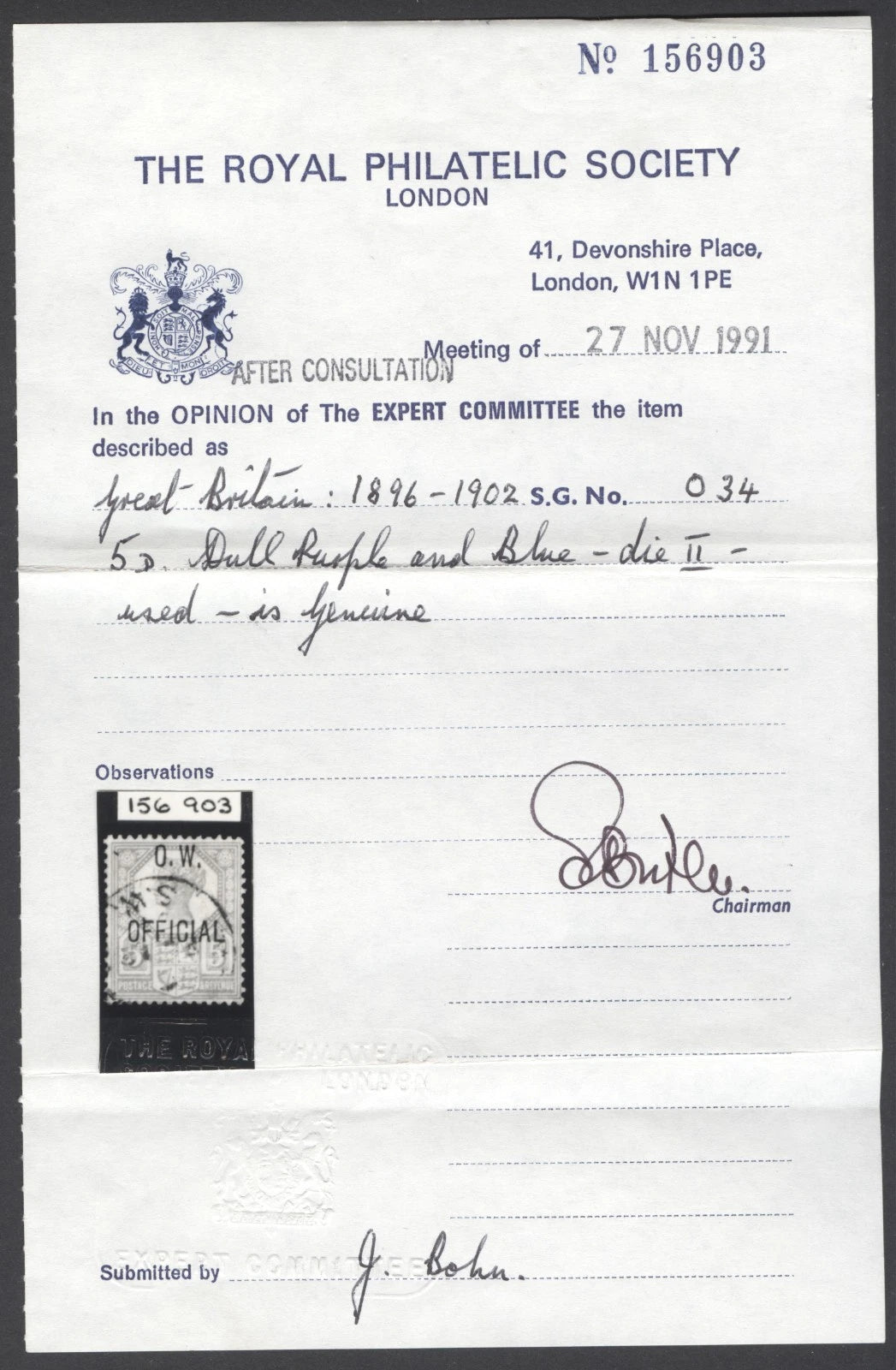 SG O34. 1896-1902. 5d dull purple & blue. Very fine used CDS example. RPS cert