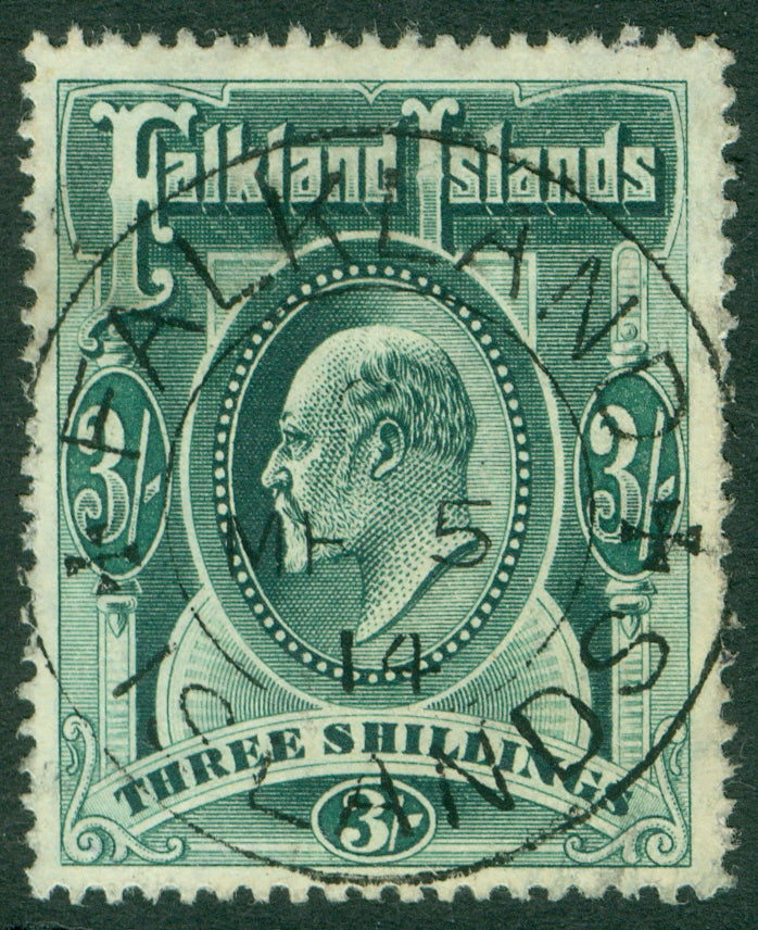 SG 49 Falklands 1904. 3/- green. Superb used with an upright Falklands Islands CDS, May 5th 1914 CAT £180